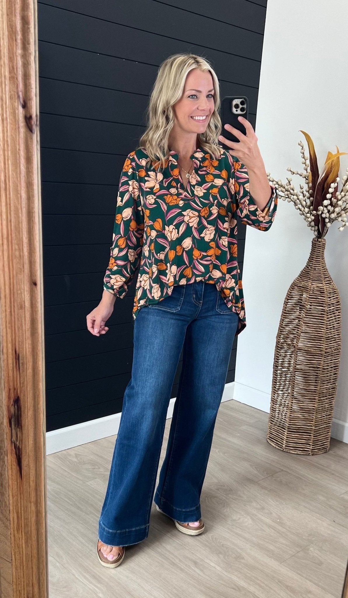 Hunter Green Floral Wrinkle Free Top - The Nines