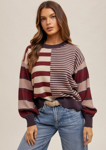 Wine Mixed Stripe Sweater