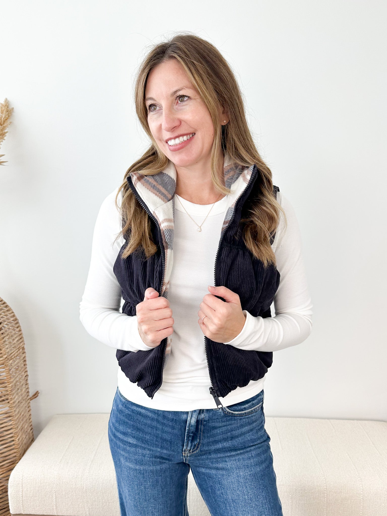 Reversible Cropped Corduroy & Plaid Puffer Vest - 3 colors! - The Nines