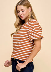 Rust Striped Puff Sleeve Top