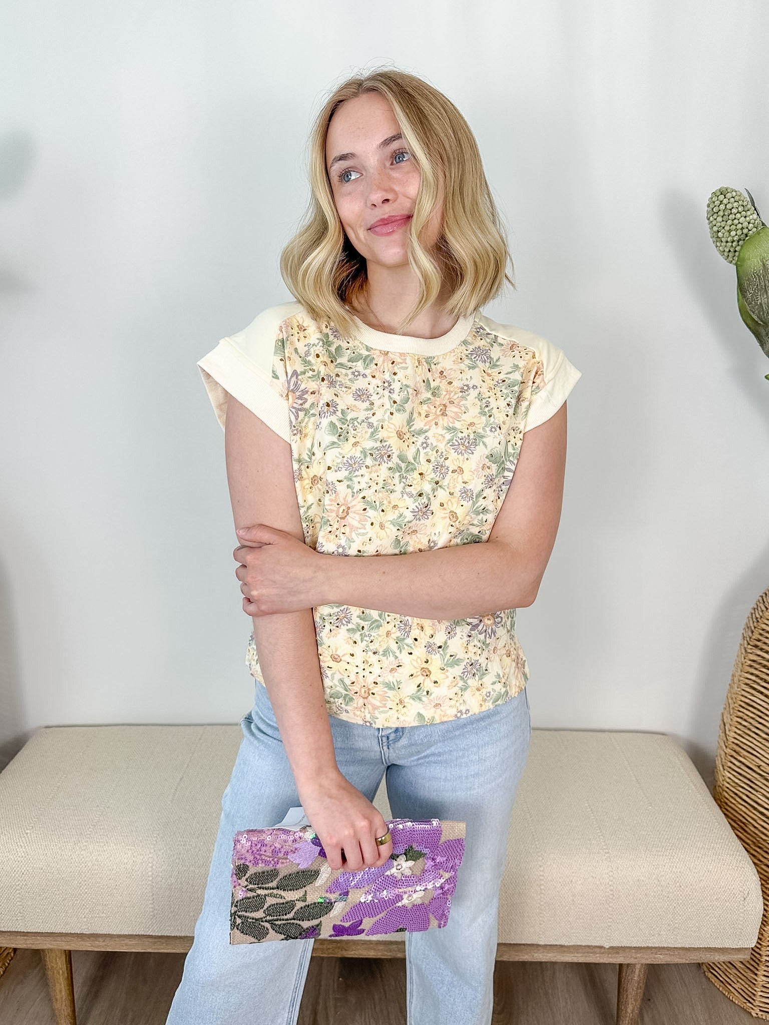 Floral Embroidery Print & Terry Top - The Nines