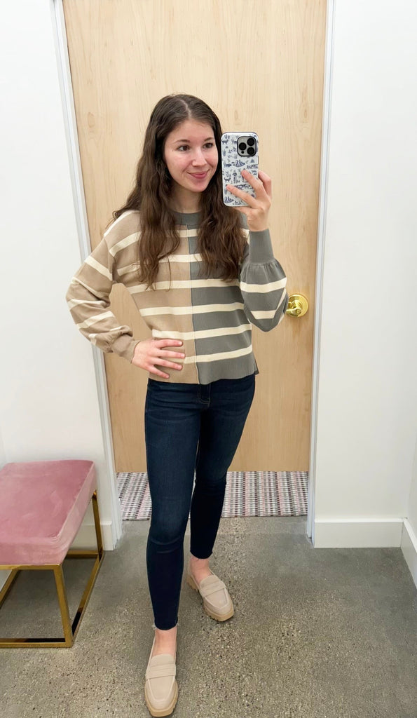 Gray & Taupe Striped Colorblock Lightweight Pullover