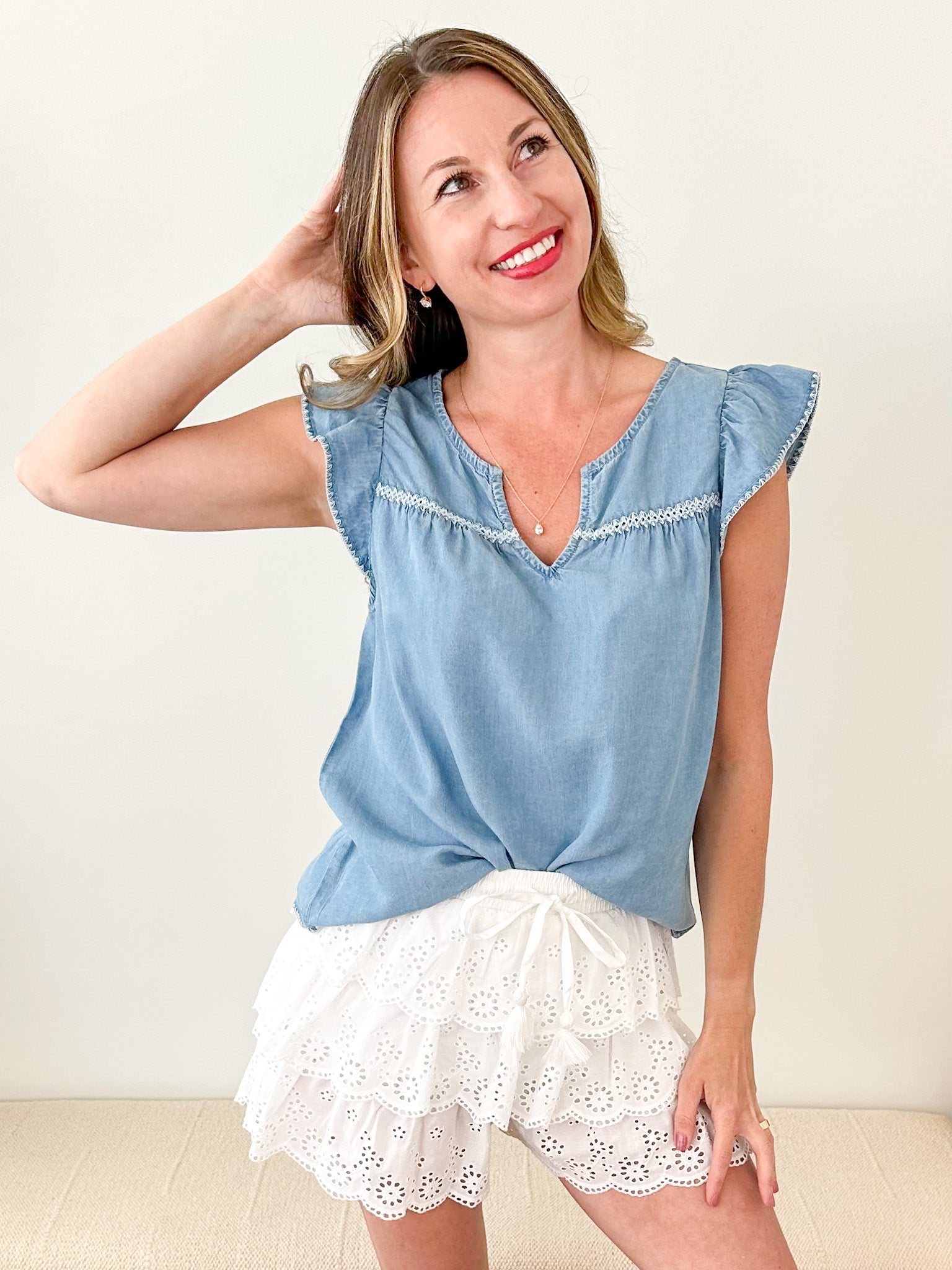 Washed Denim Embroidered Top - The Nines
