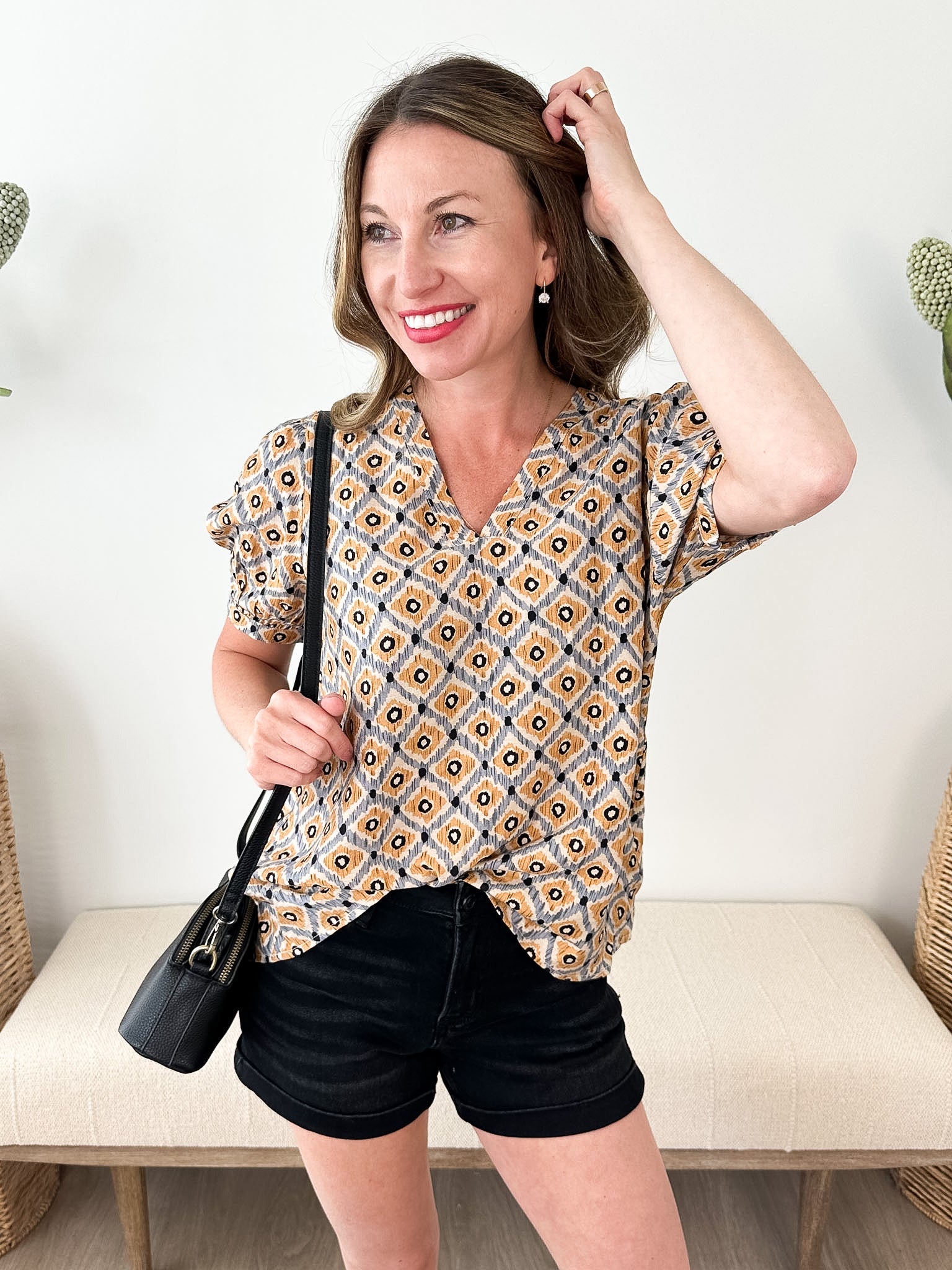 Geo Print V-neck Blouse