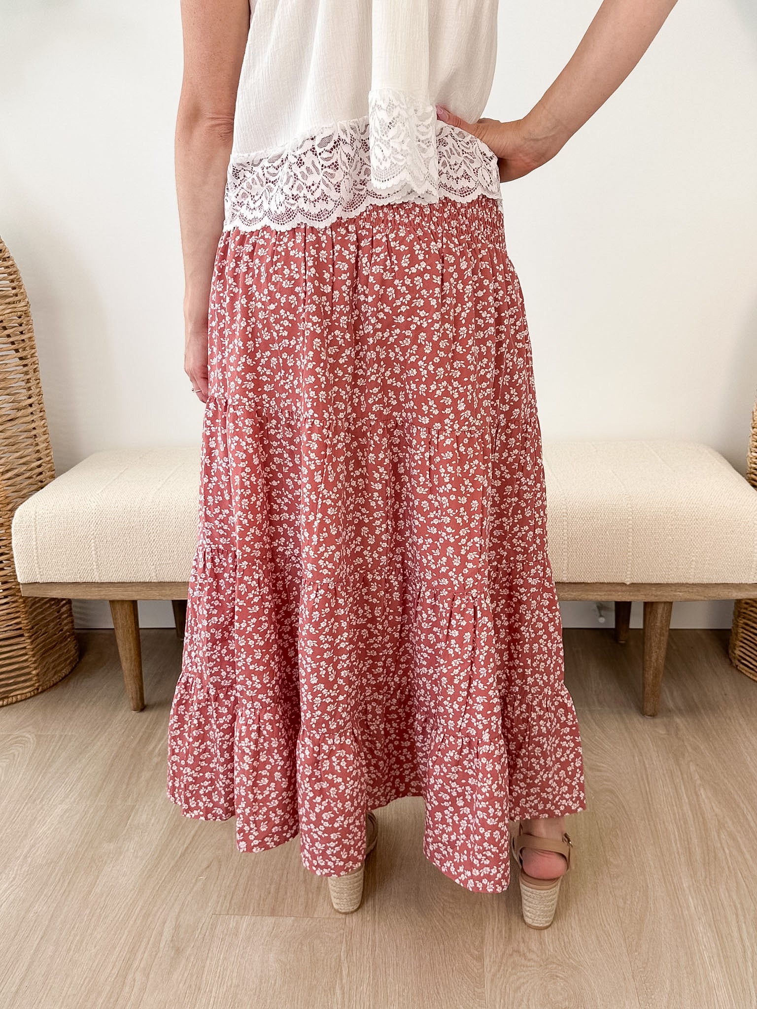 Floral Tiered Front Slit Midi Skirt