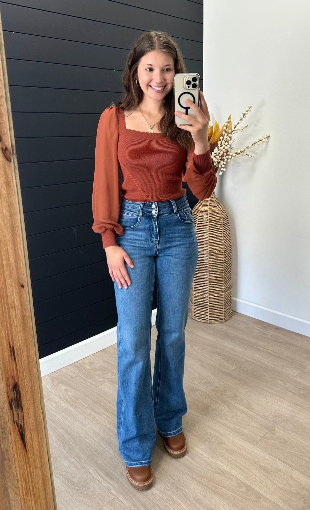 Rust Scalloped Neck Chiffon Top - The Nines