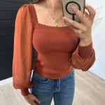 Rust Scalloped Neck Chiffon Top - The Nines