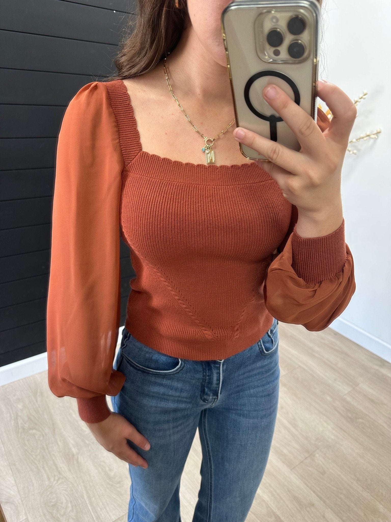 Rust Scalloped Neck Chiffon Top - The Nines