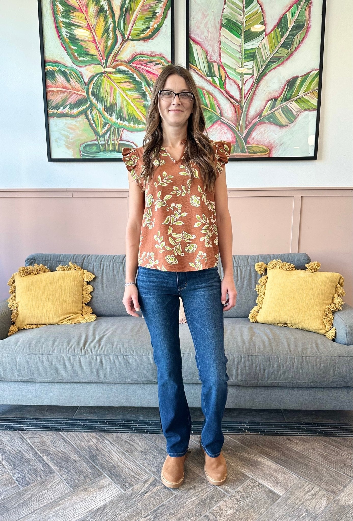 Brown Floral Ruffle Top - The Nines