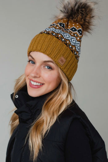 Mustard & Black Patterned Pom Hat