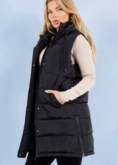 The Clarissa Long Hooded Side Zip Puffer Vests - 2 Colors!