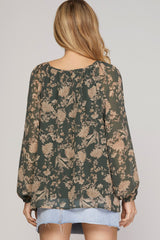 Green Floral Tie Neck Blouse