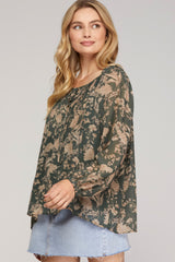 Green Floral Tie Neck Blouse