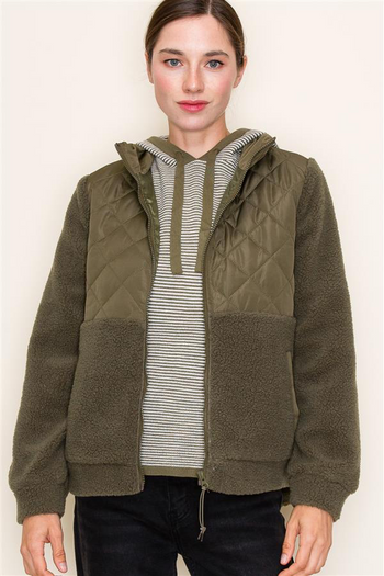 Olive Quilted Fleece Zip Up Jacket - FINAL SALE