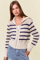 Oatmeal & Navy Zip Up Sweater