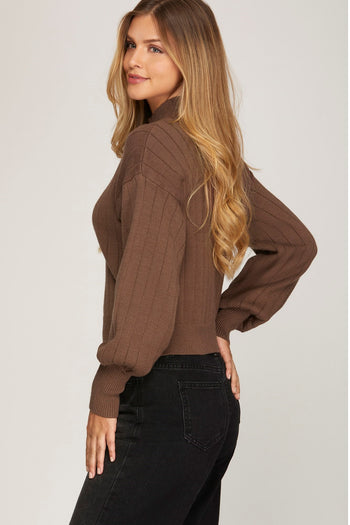 Brown Puff Sleeve Mock Neck Sweater