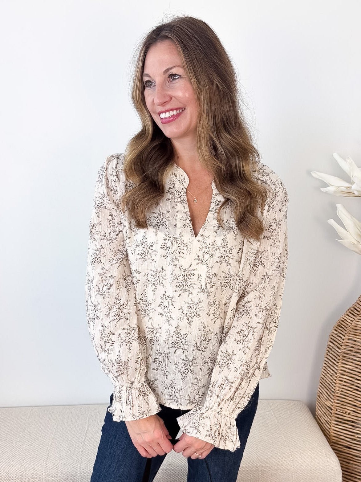 Floral Leaf Split Neck Blouse - The Nines