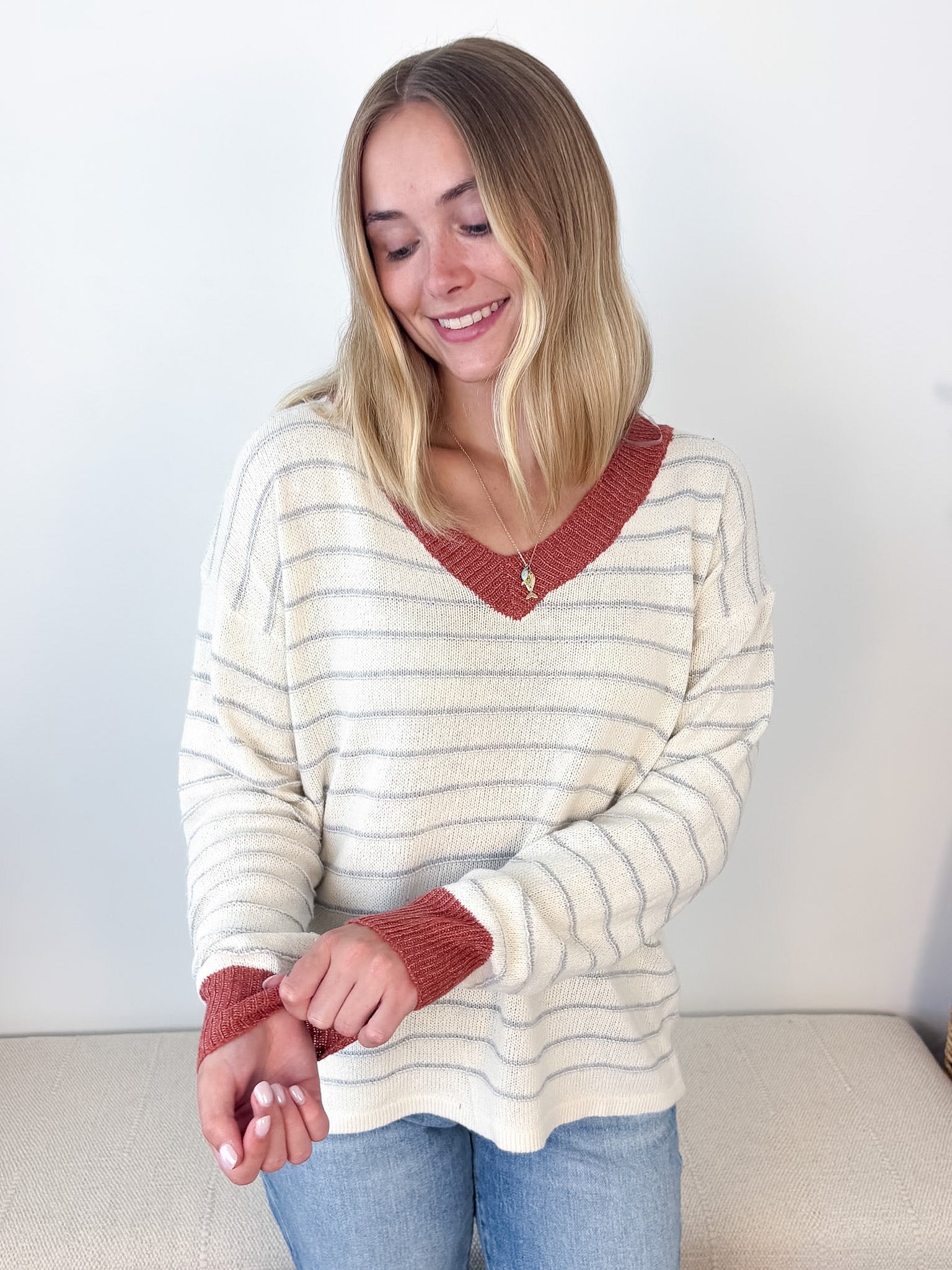 V-neck Contrast Striped Sweater