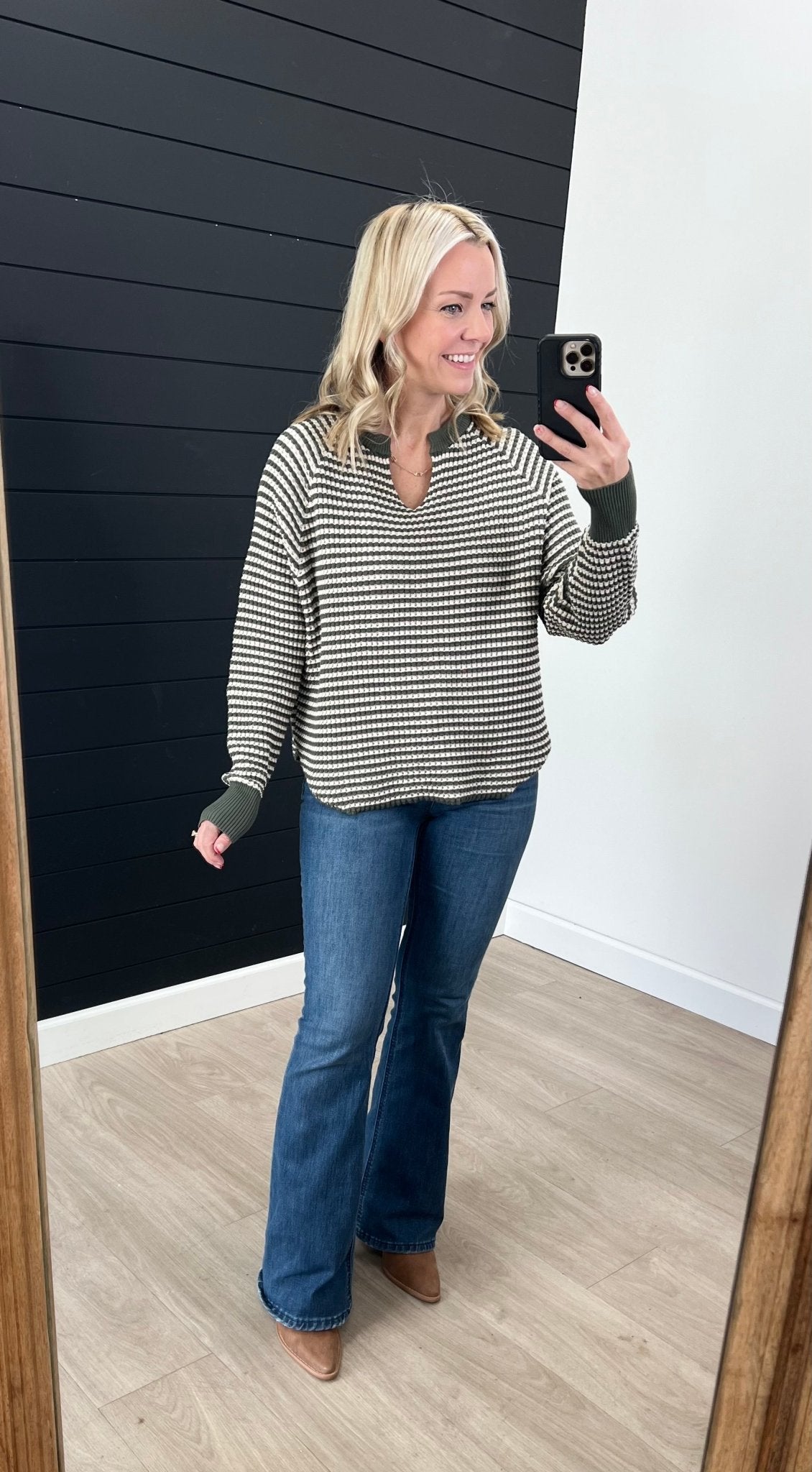 Hunter Green Waffle Striped Top - The Nines