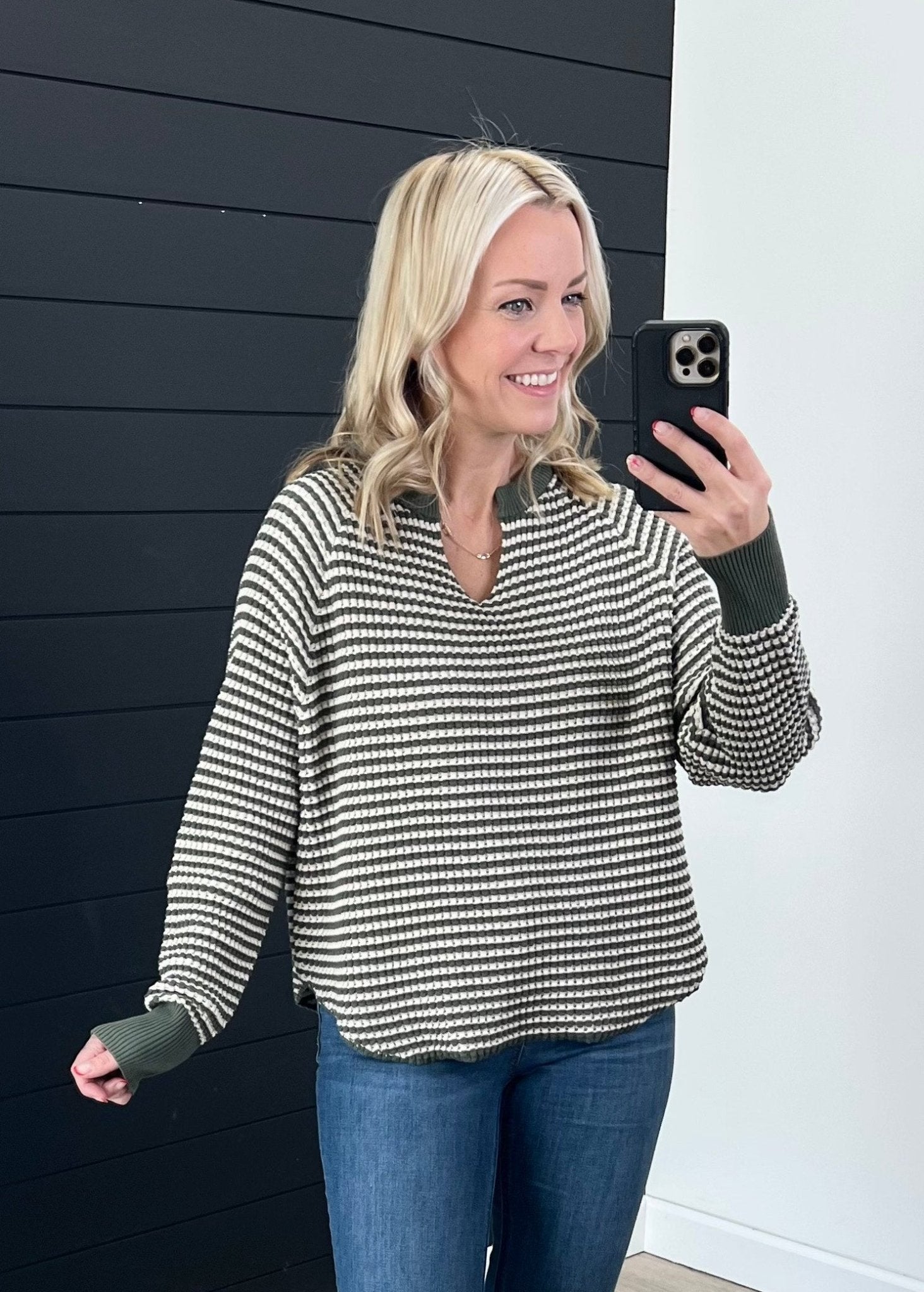 Hunter Green Waffle Striped Top - The Nines
