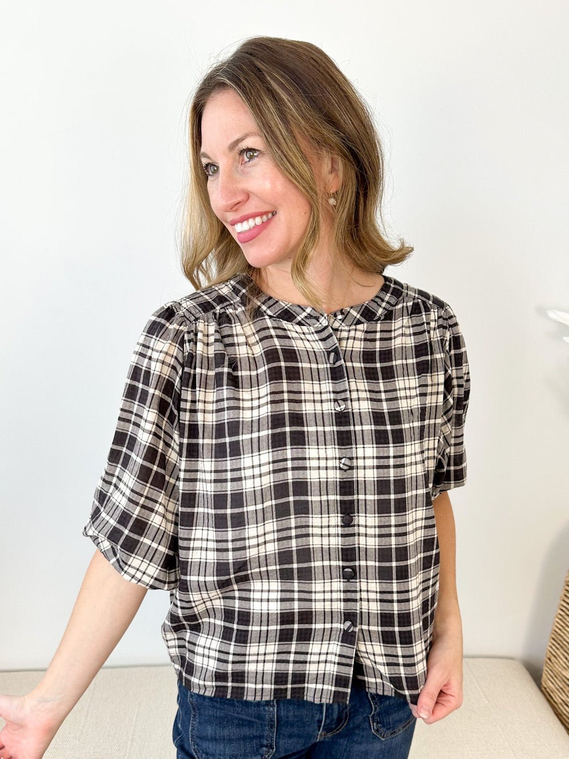 Plaid 3/4 Sleeve Blouse - The Nines