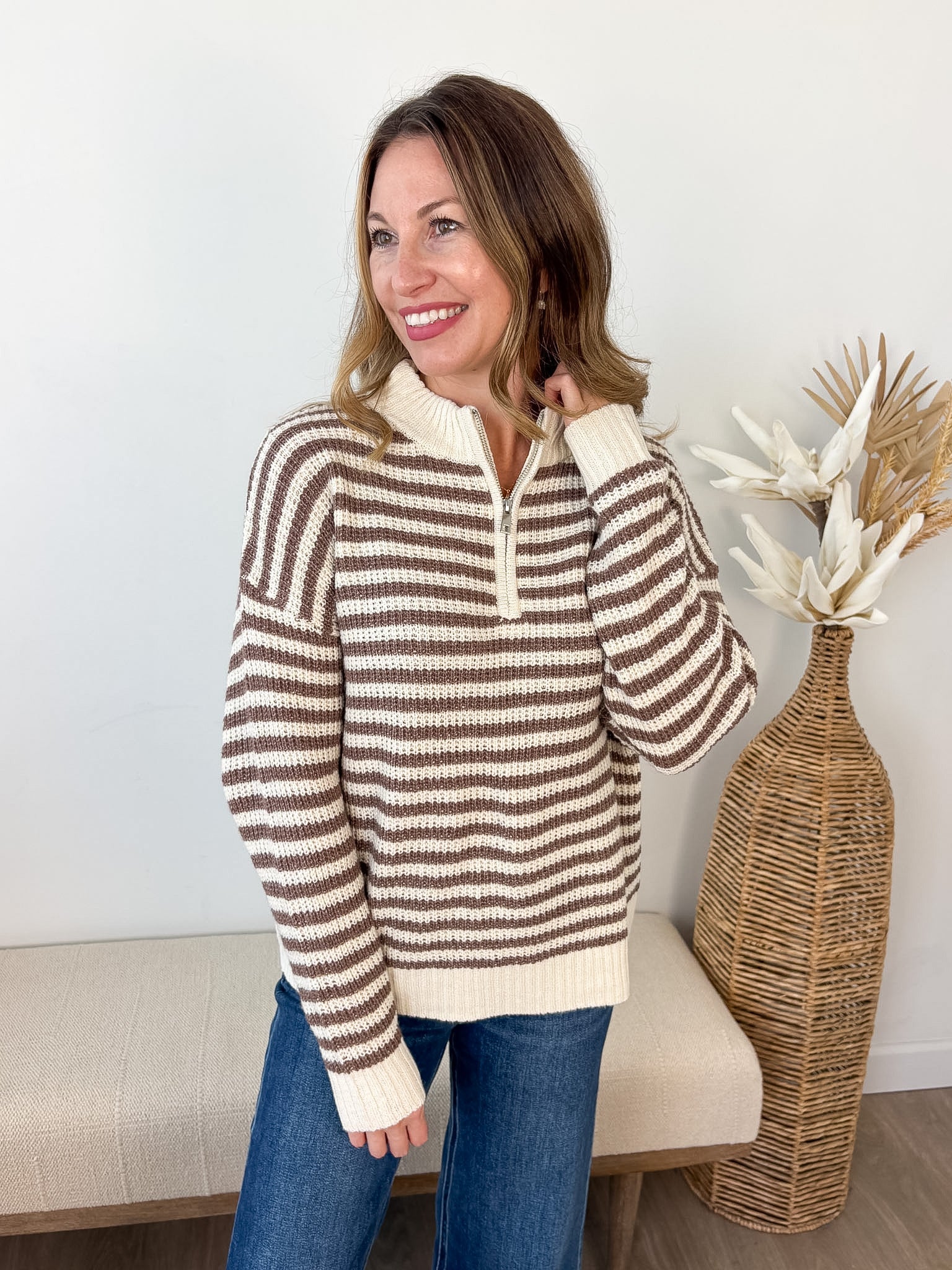 Striped Mock Neck 1/2 Zip Sweater - 2 colors!