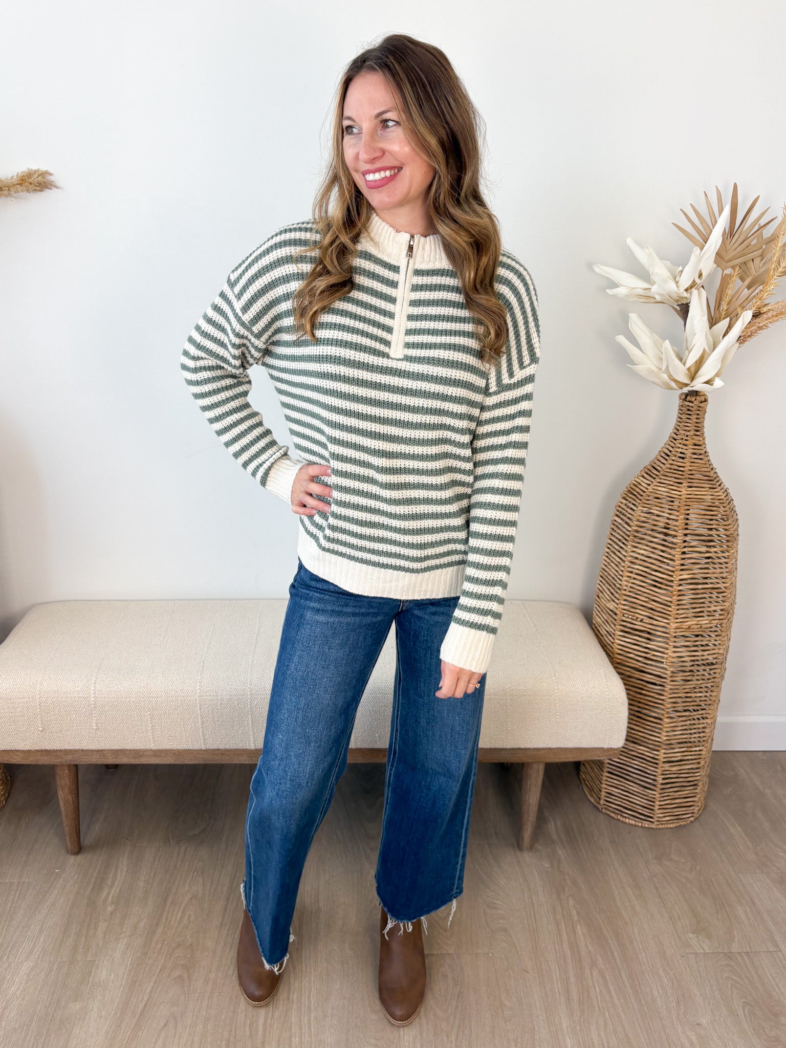 Striped Mock Neck 1/2 Zip Sweater - 2 colors! - The Nines