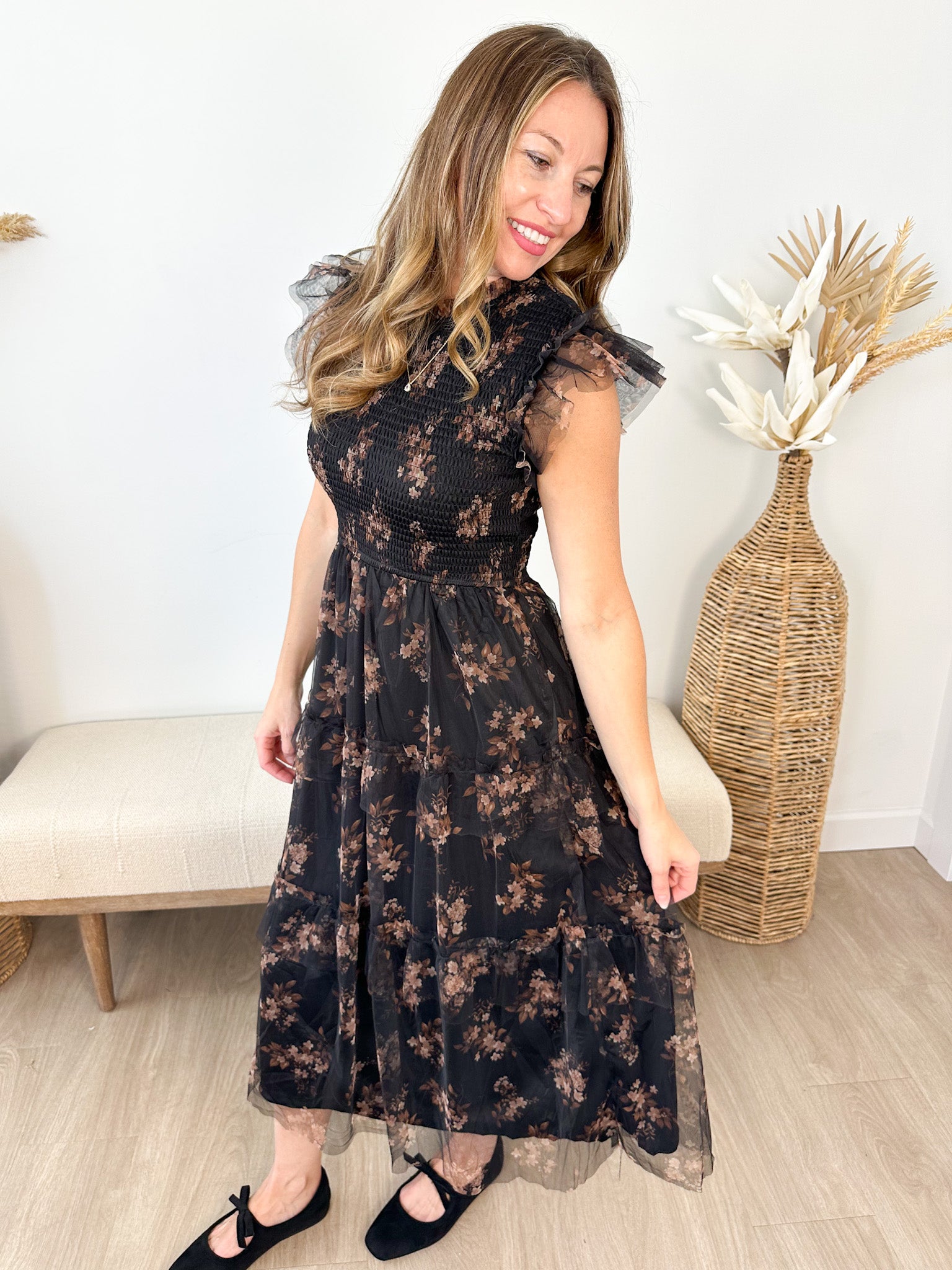 Smocked Ruffle Tiered Floral Midi Dress