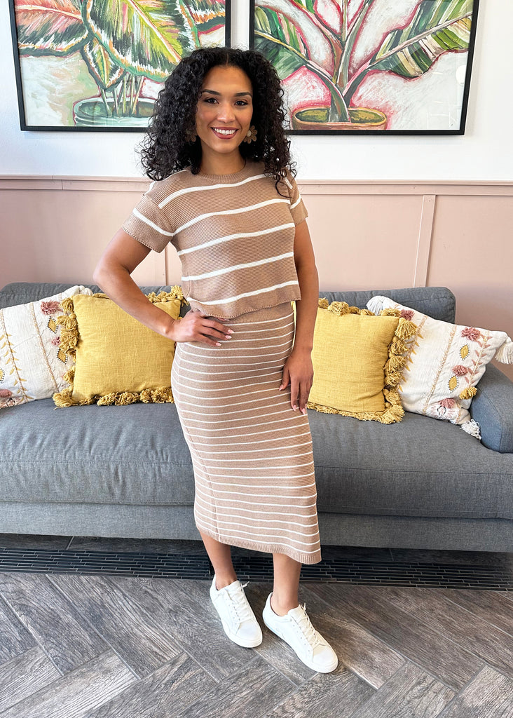 Taupe Striped Top & Skirt Set