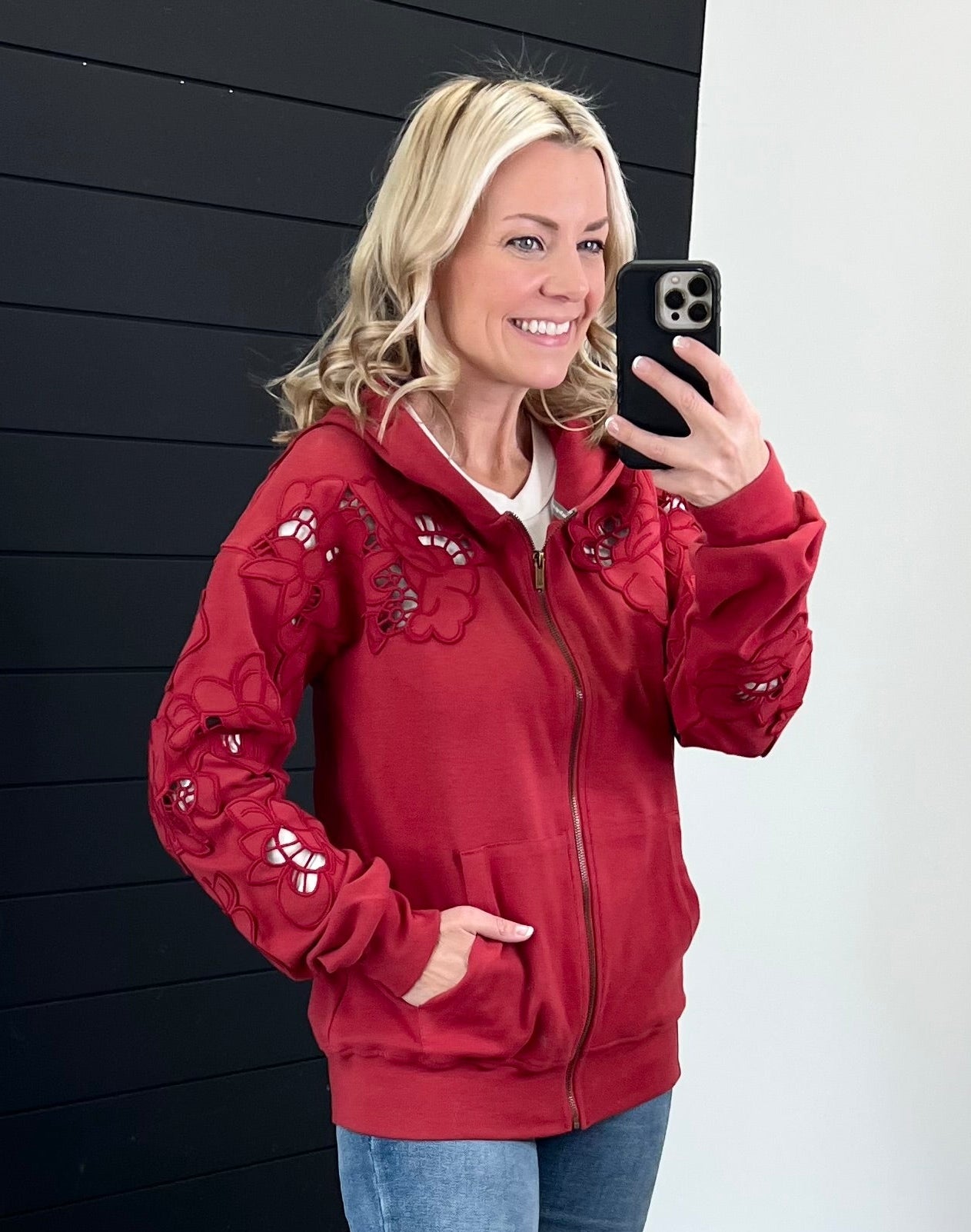 Ampersand University Lace Sleeve Love Story Crimson Full Zip - The Nines