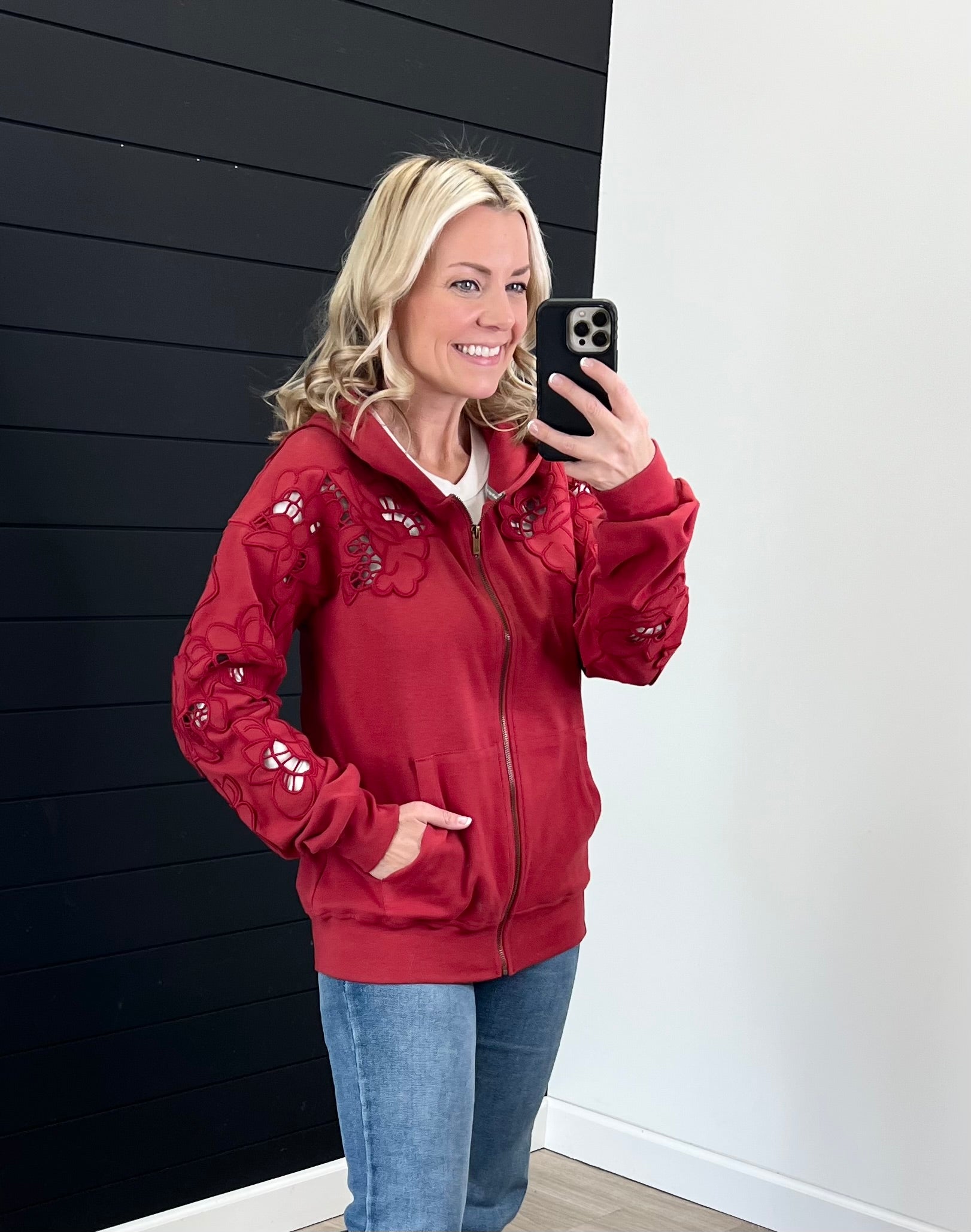 Ampersand University Lace Sleeve Love Story Crimson Full Zip - The Nines