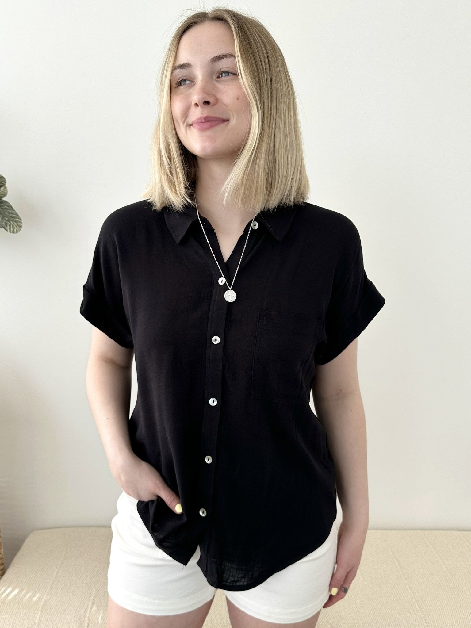 Black Cuffed Sleeve Button Down - The Nines