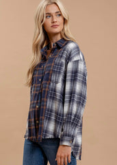 Navy Frayed Hem Flannel