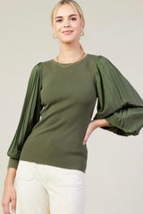 Olive Pleated Sleeve Top