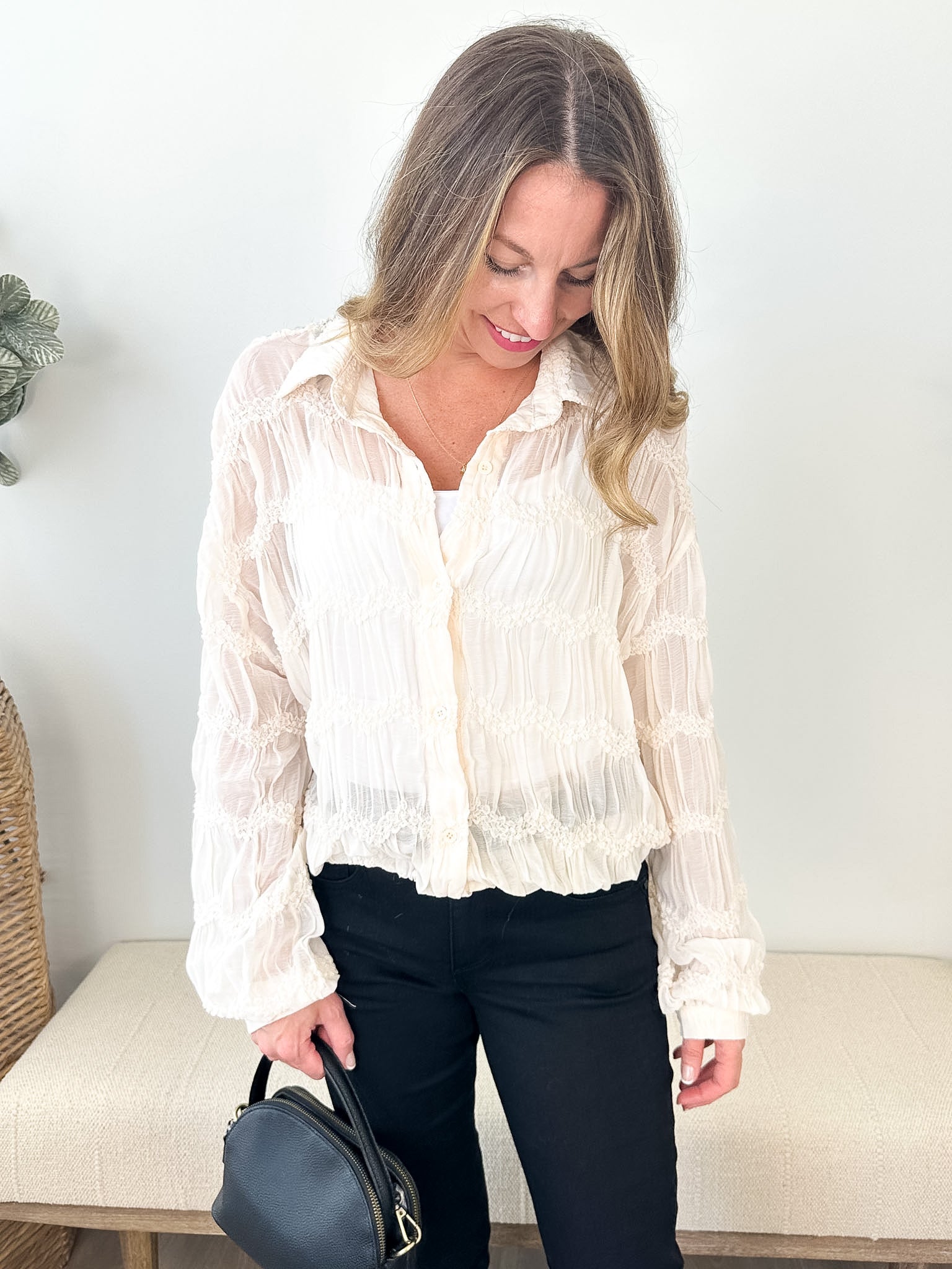 Romantic Sheer Button Front Blouse