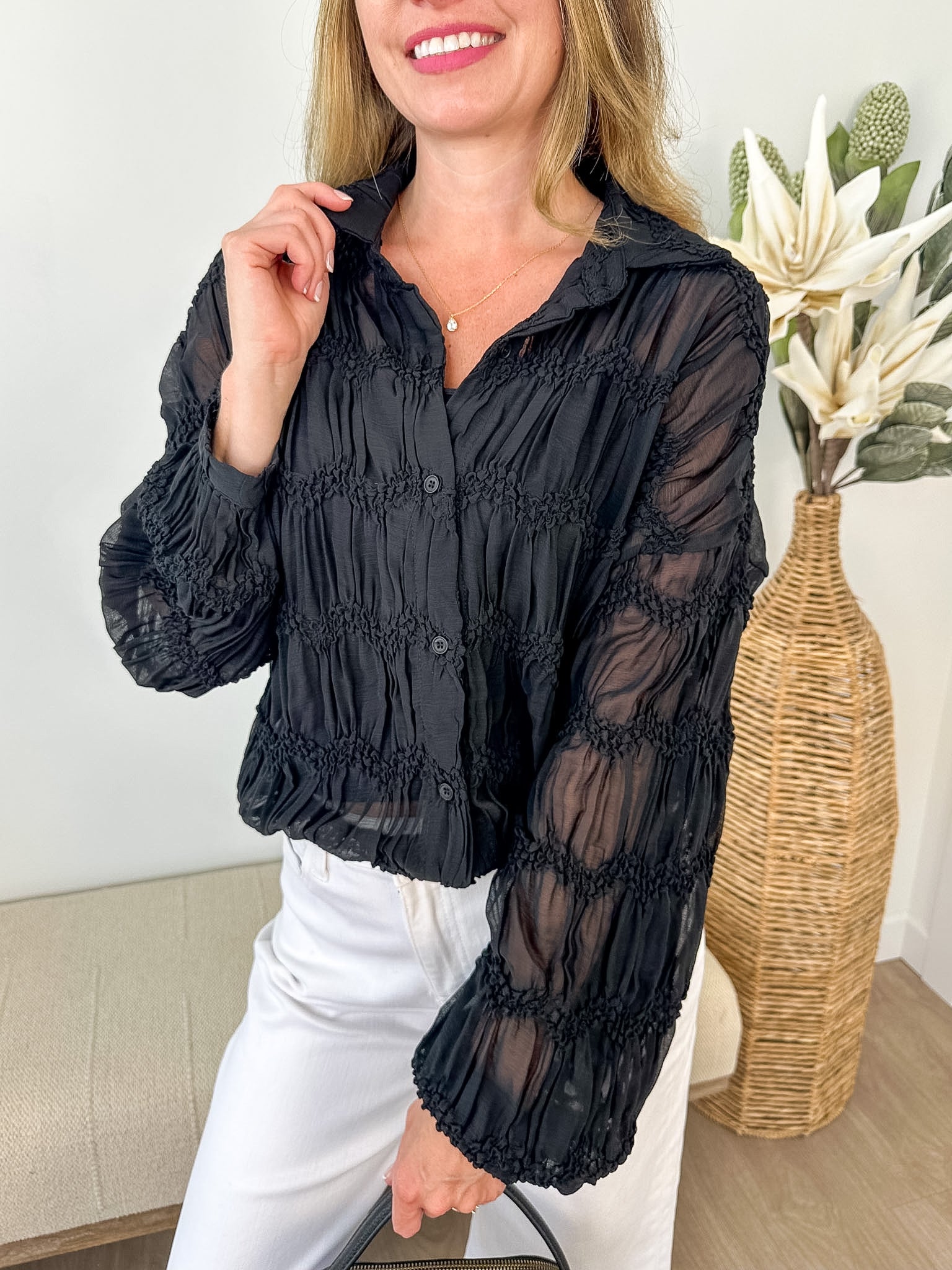 Romantic Sheer Button Front Blouse