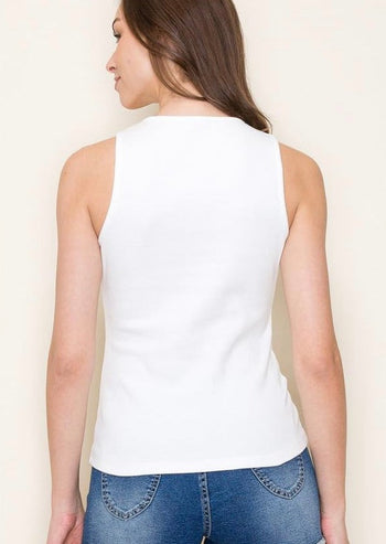 White Stitched Flowers Ribbed Tank