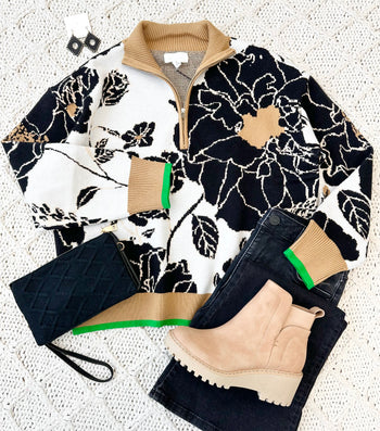 Floral Green Edge Zip Pullover