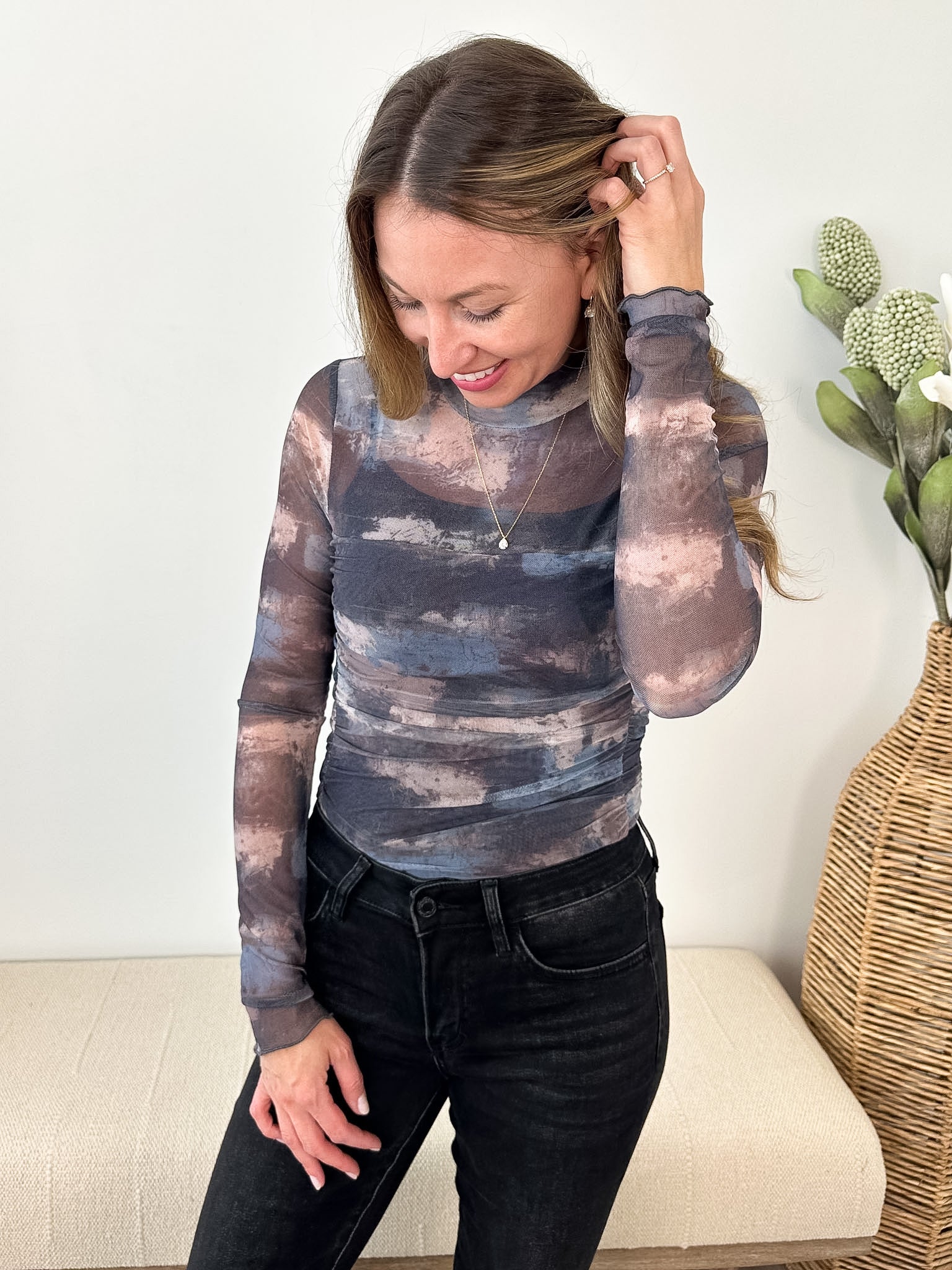 Abstract-Print Mesh Mock-Neck Bodysuit
