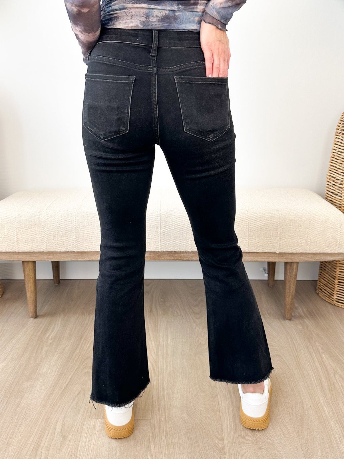 Allison Mid Rise Raw Step Hem Black Crop Flare Jeans - The Nines