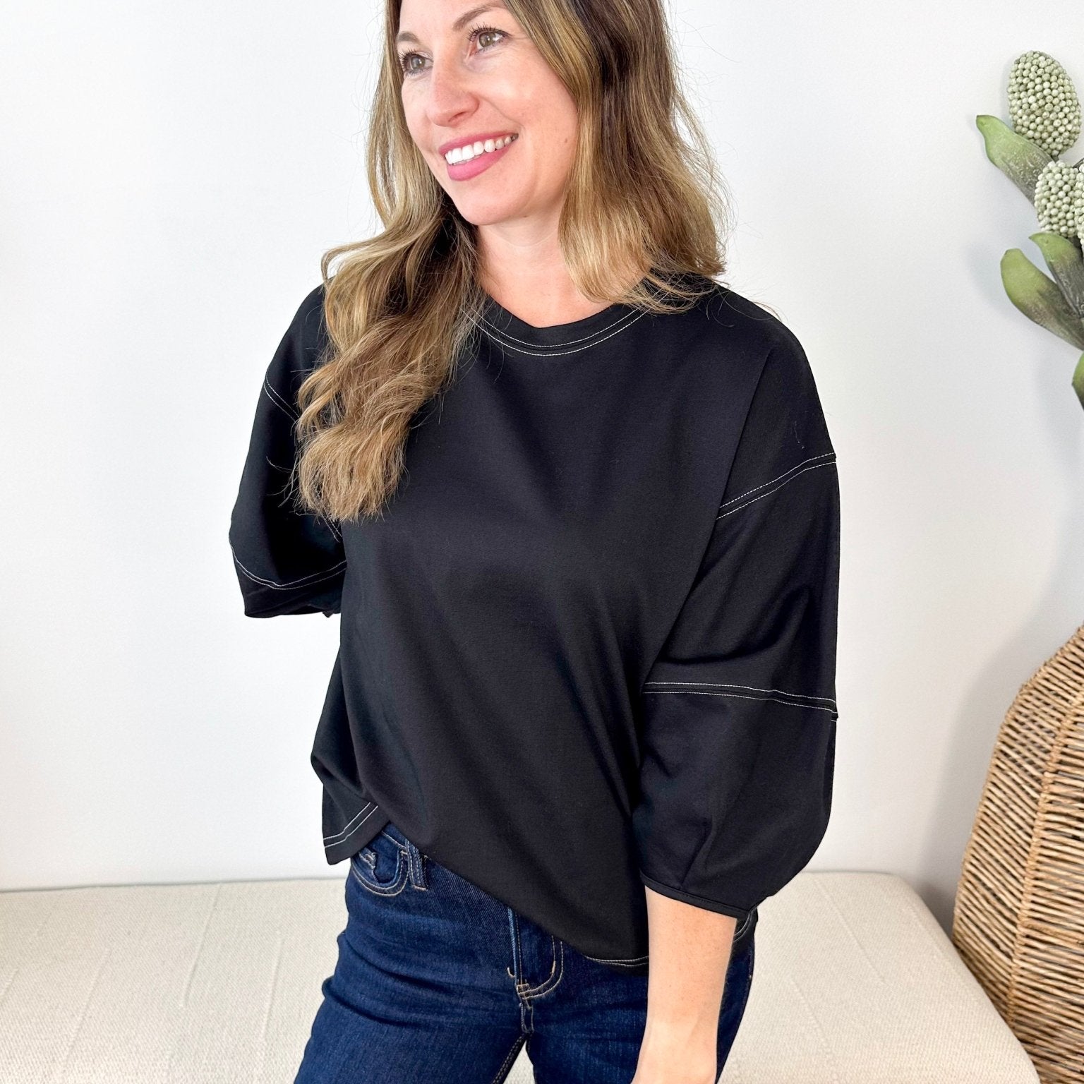 Black Crew Neck 3/4 Sleeve Top - The Nines