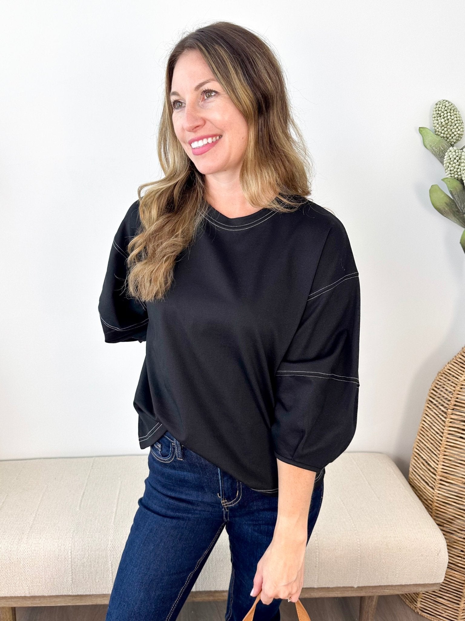 Black Crew Neck 3/4 Sleeve Top - The Nines