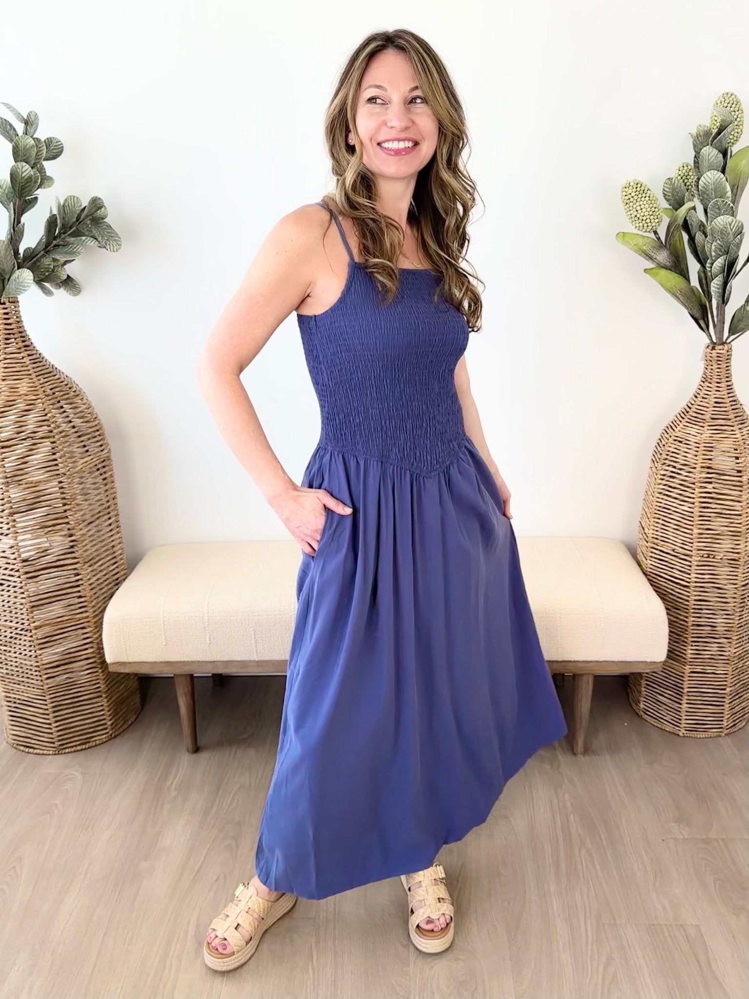 Dropped Waist Smocked Midi Sundress - The Nines