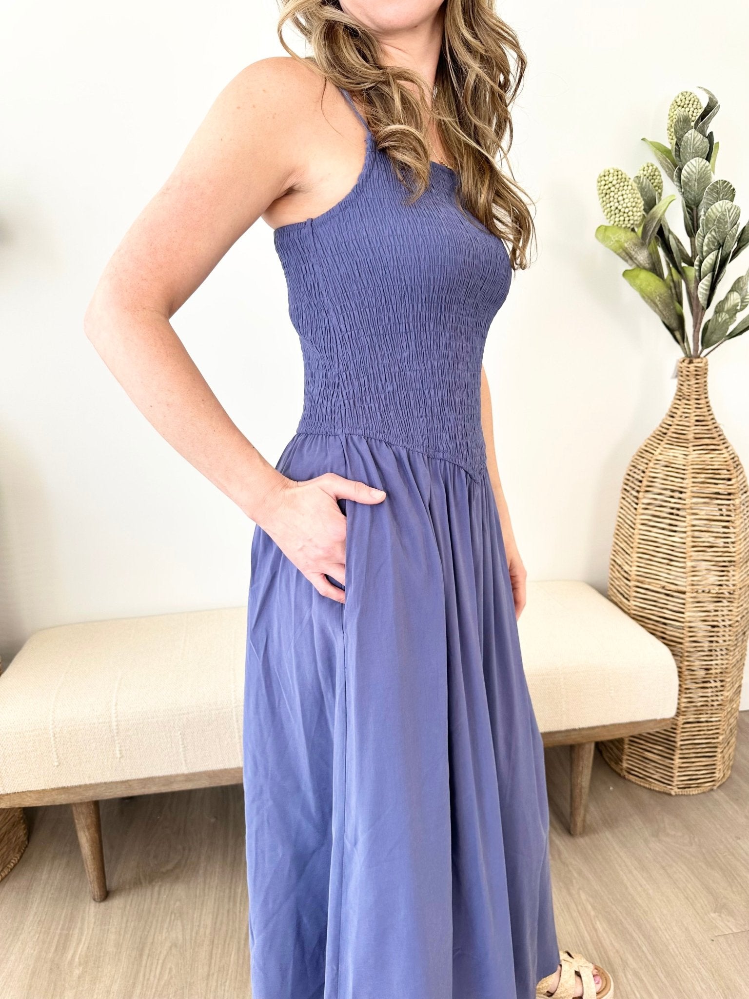 Dropped Waist Smocked Midi Sundress - The Nines
