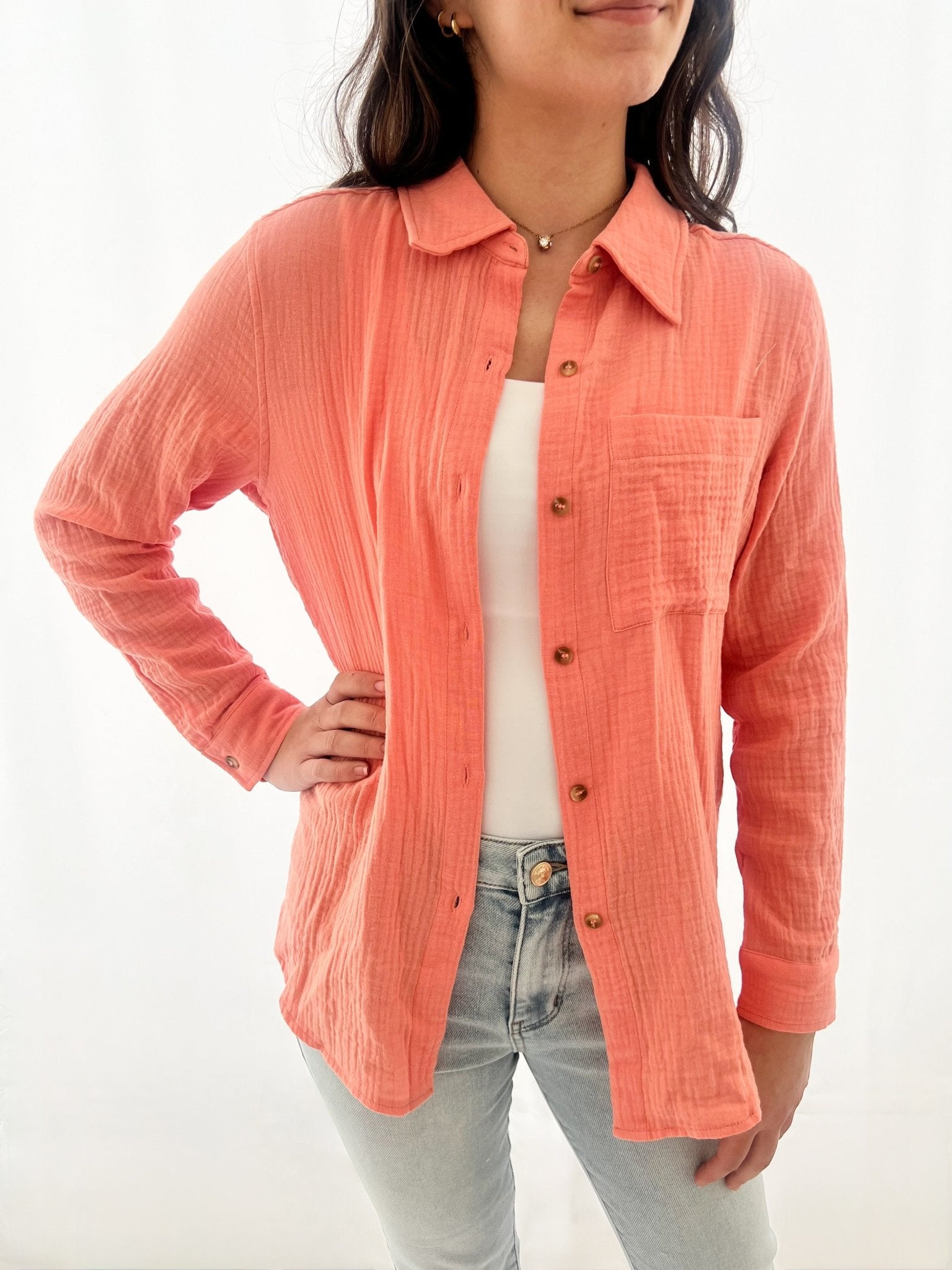 Coral Gauze Button Up Top - The Nines