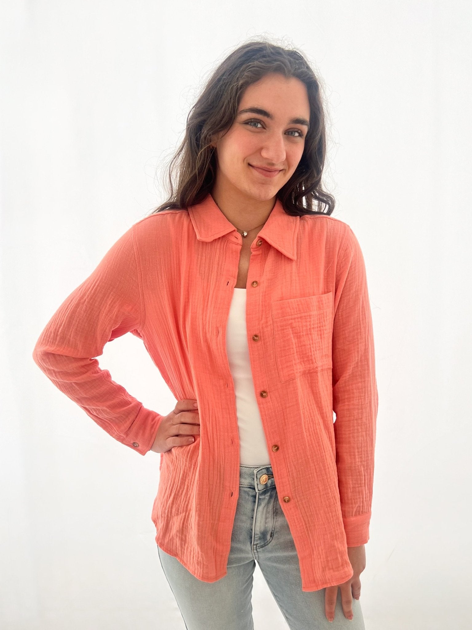 Coral Gauze Button Up Top - The Nines