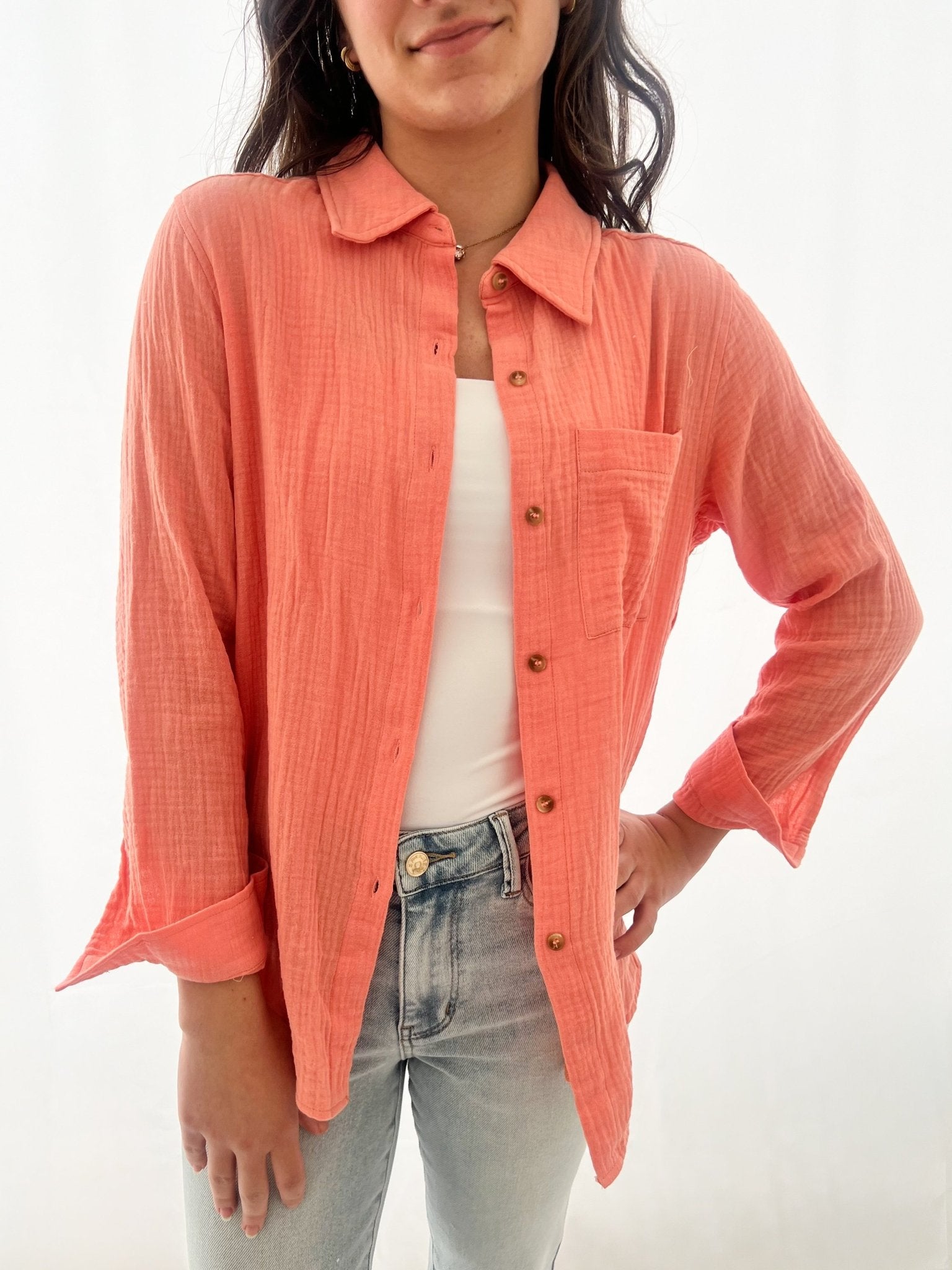 Coral Gauze Button Up Top - The Nines