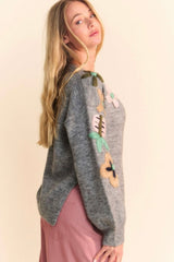 Gray Floral Embroidered Relaxed Sweater