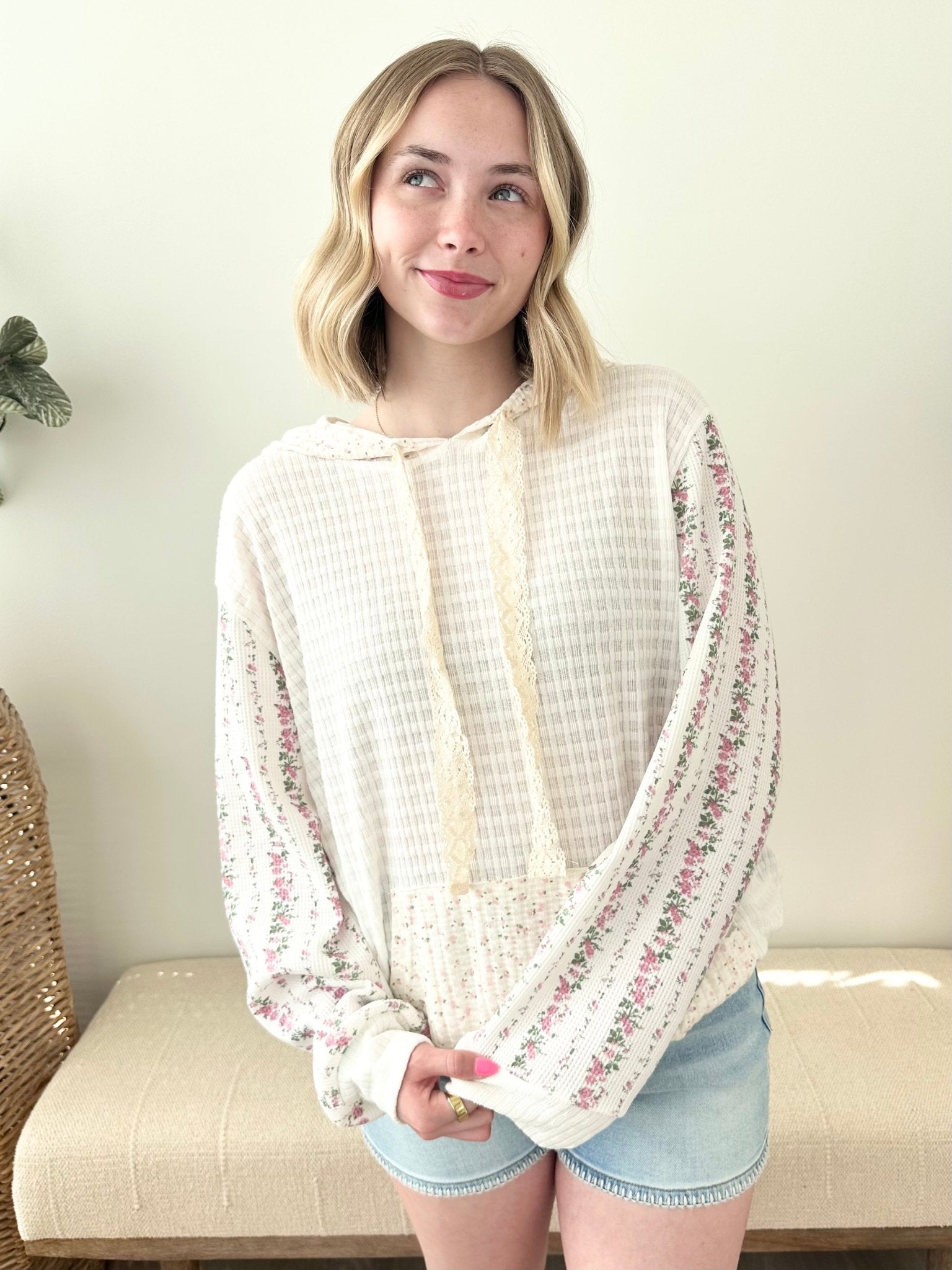 Floral Mixed Media Lightweight Hoodie - The Nines