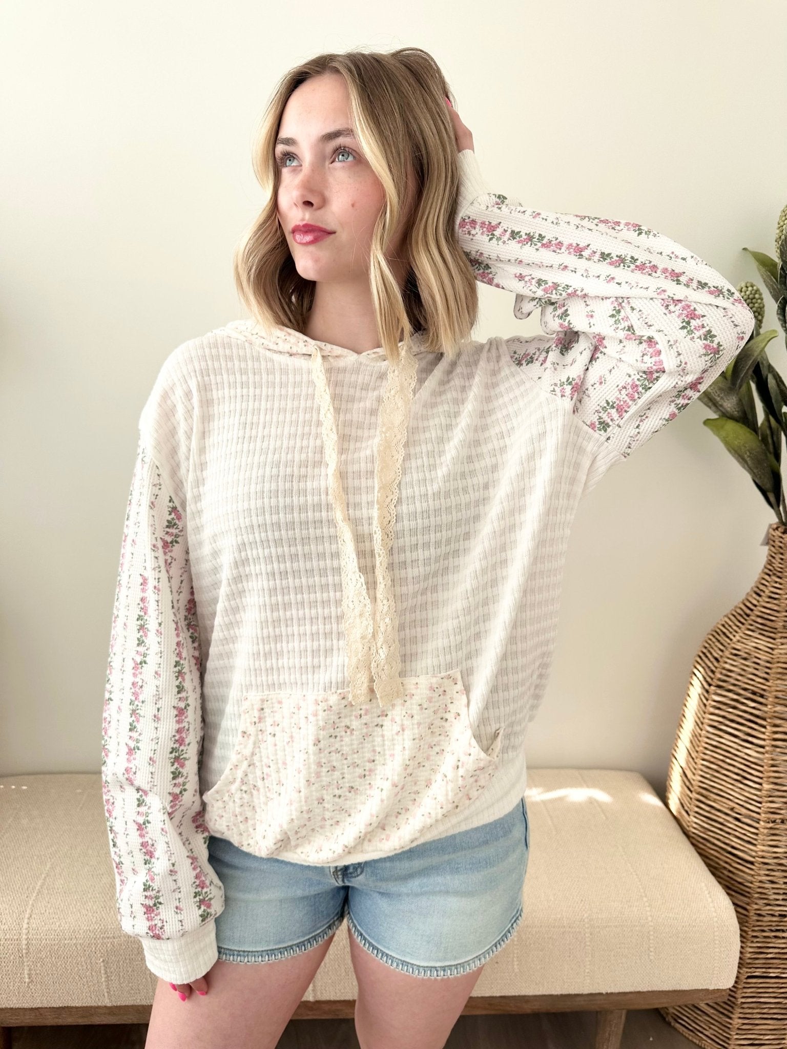 Floral Mixed Media Lightweight Hoodie - The Nines